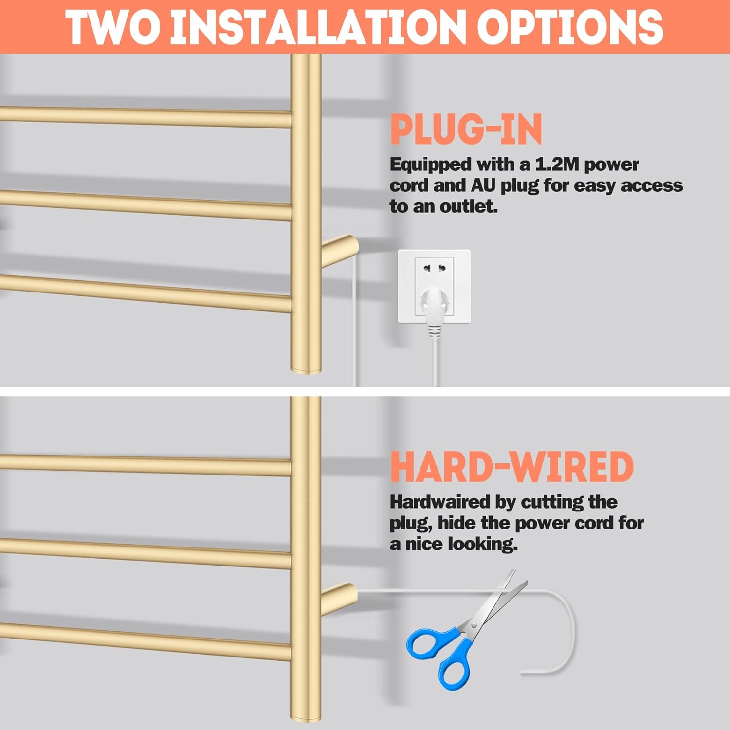 ACA International Wall Mounted Electric Heated Towel Rack SAA Towel Warmer Aluminium Heated Towel Rail Bathroom Towel Clothes Dryer Holder IP55 6 Rungs Round (Gold)