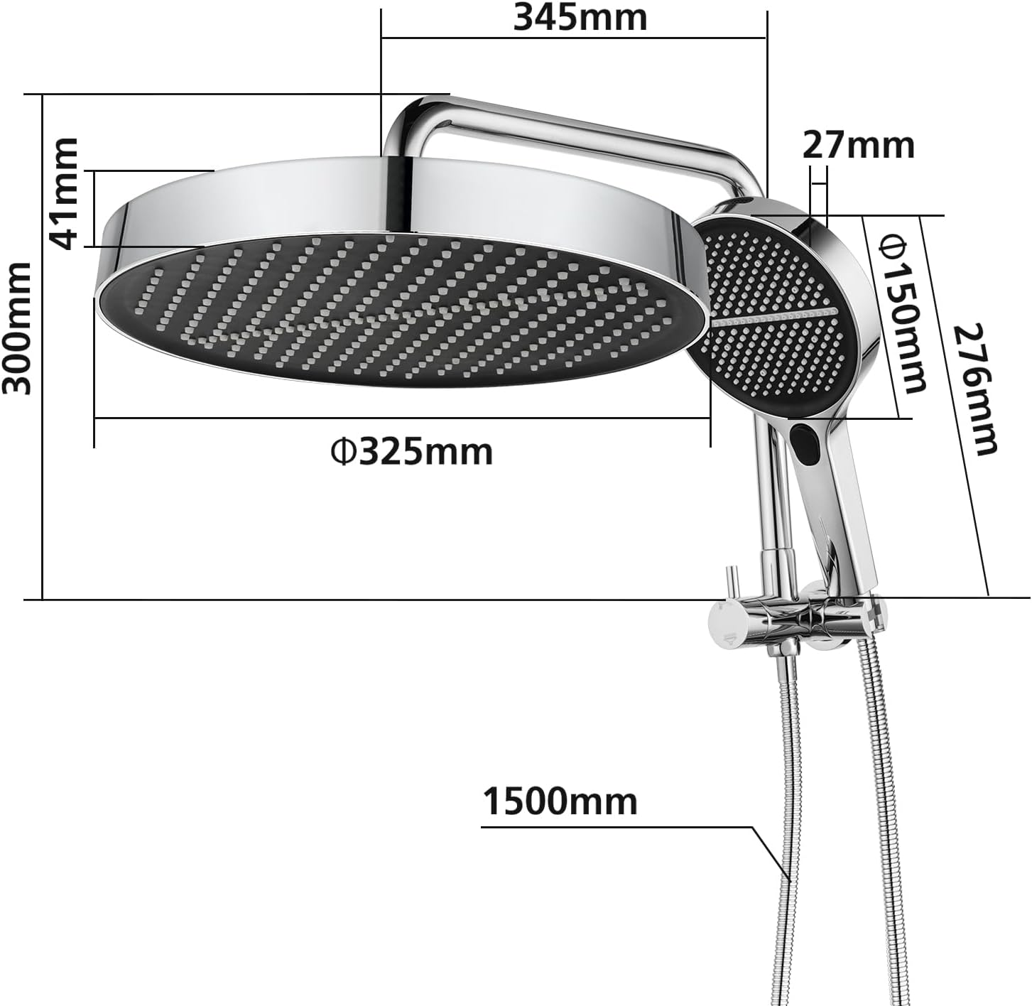 ACA International 13" Rain Shower Head 2 in 1 Round Shower Head Set Wall Mounted Shower Set 4-Mode Handheld Spary Bathroom WELS Approved (Chrome)