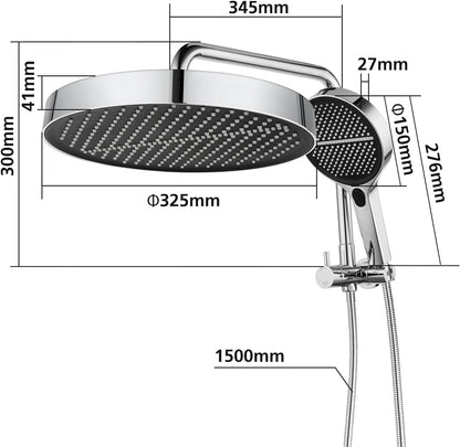 ACA International 13" Rain Shower Head 2 in 1 Round Shower Head Set Wall Mounted Shower Set 4-Mode Handheld Spary Bathroom WELS Approved (Chrome)