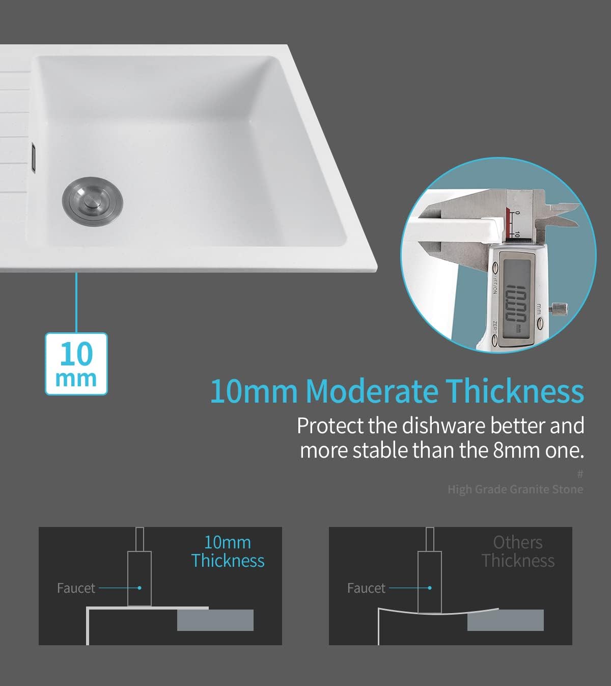 ACA Trading1000 x 500mm White Granite Stone Kitchen Sink Laundry Basin Sink Single Bowl with Drainboard Granite Stone Sink Home Utility Kitchen Sink with Overflow Waste Strainer (White)