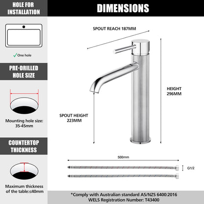 ACA International WELS Bathroom Basin Mixer Tap,High-Arc Counter Top Bathroom Taps,Single Handle Knurled Bathroom Faucet(Chrome)