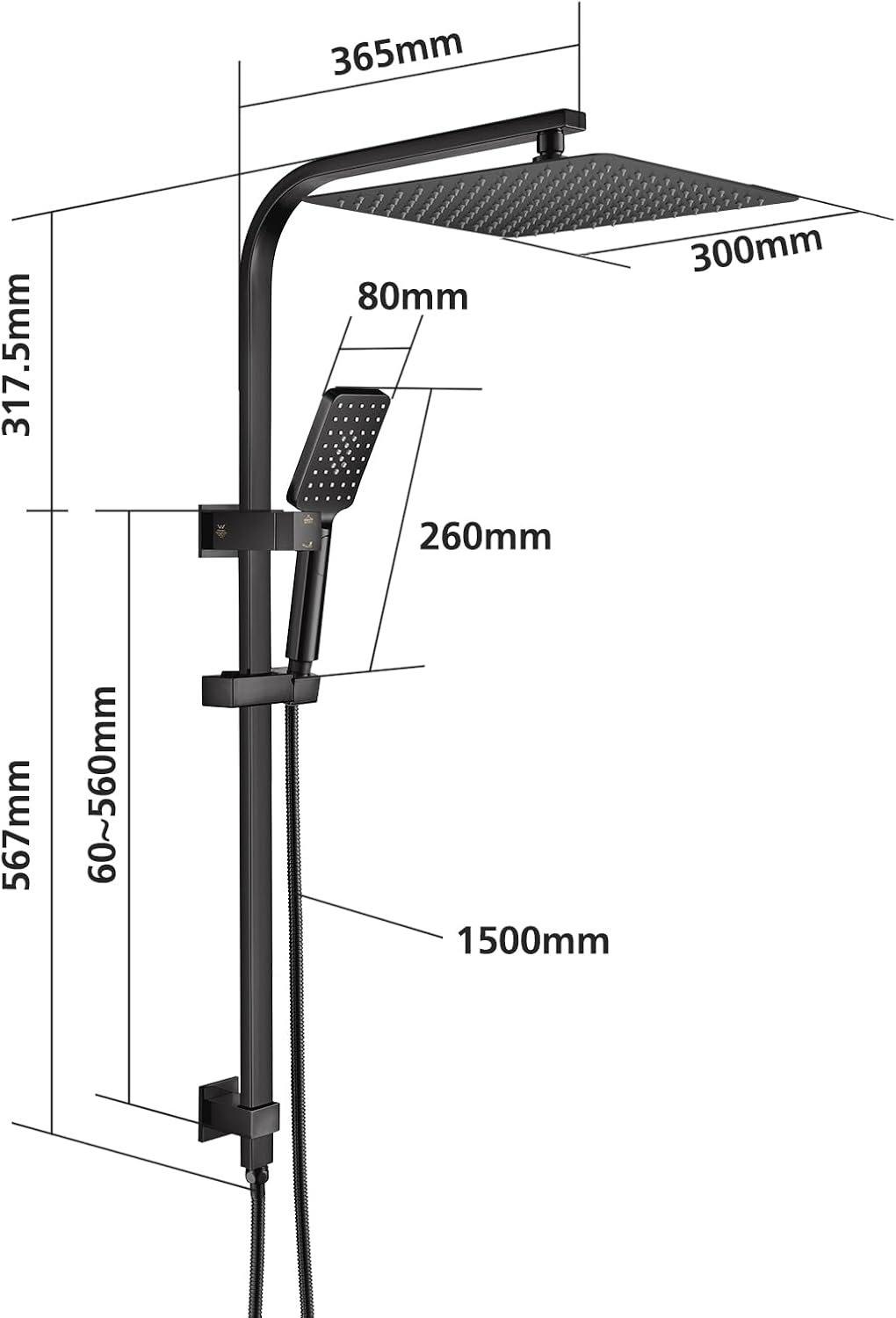 ACA International 12" Ultrathin Rainfall High Pressure Shower Head Square Shower Rail Set 3-Mode Handheld Shower Set Rail Diverter (Black)