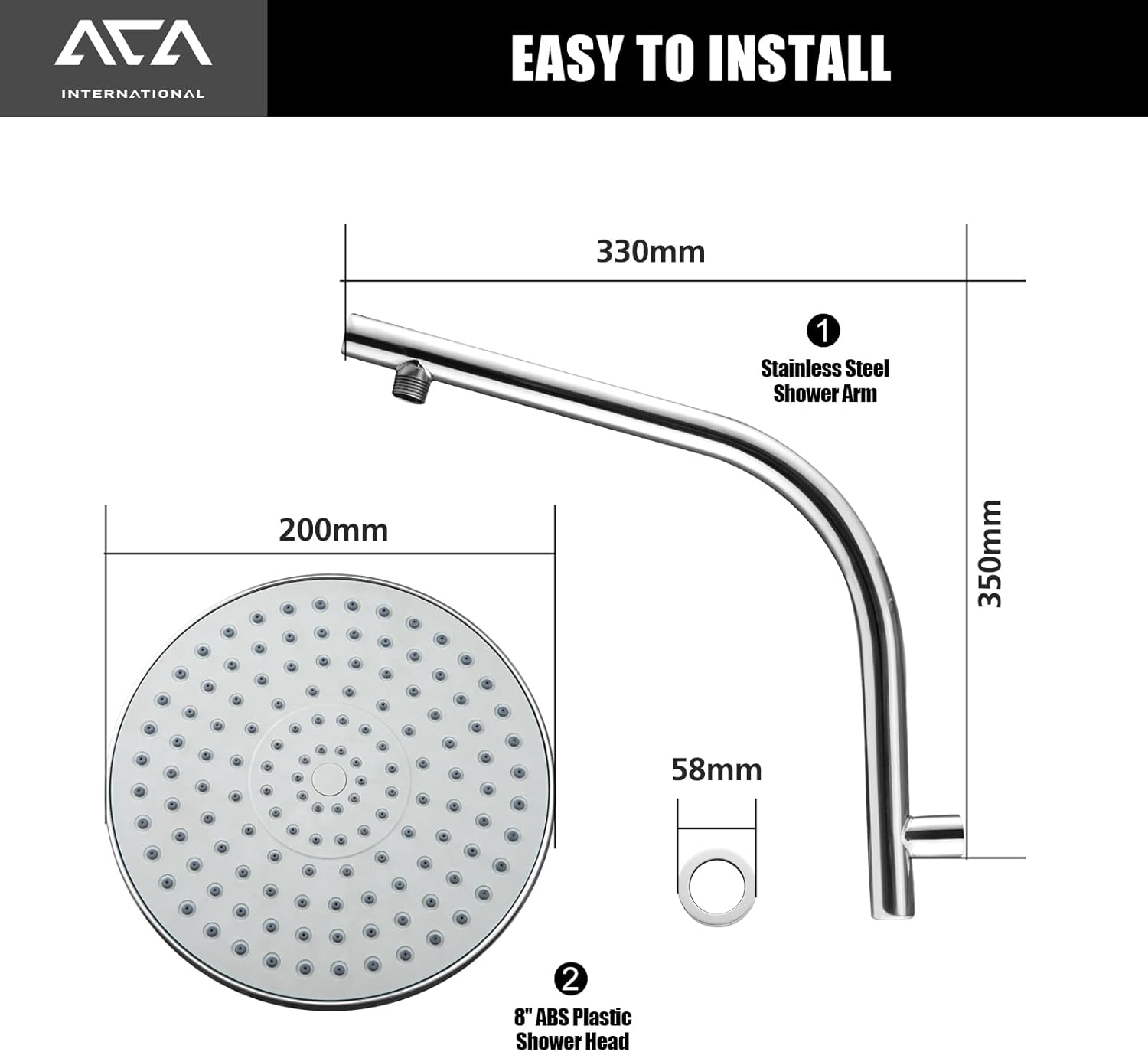 ACA International 8'' High Pressure Round Rain Shower Head Set Wall Mounted Shower Head Gooseneck Shower Arm Set Bathroom 304 Stainless Steel WELS (Polished Chrome)