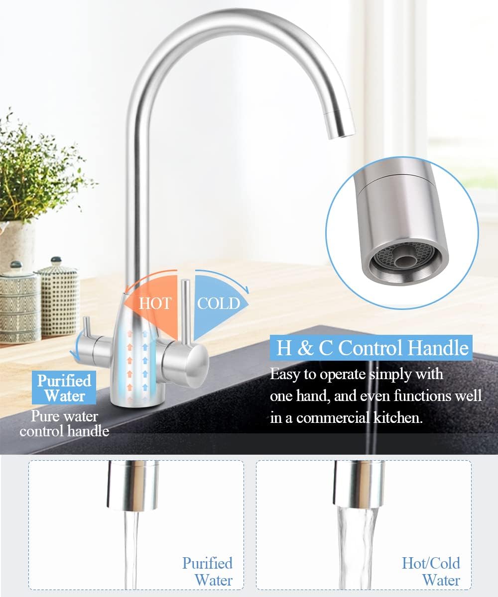 ACA International WELS 3 in 1 Kitchen Tap with Drinking Water Outlet, 360°Swivel Kitchen Sink Mixer Tap Laundry Faucet 3-Way Purified Drinking Water Outlet Kitchen Mixer Tap(Chrome)