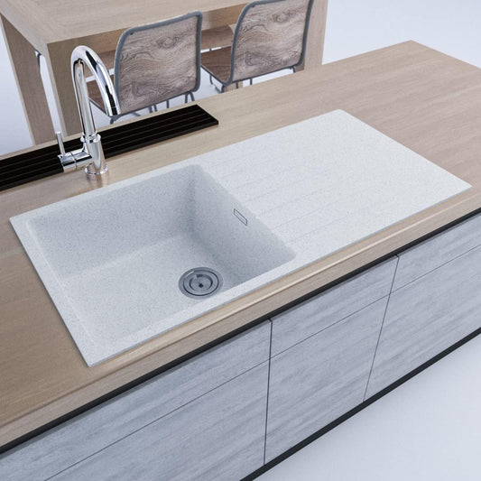 ACA Trading1000 x 500mm White Granite Stone Kitchen Sink Laundry Basin Sink Single Bowl with Drainboard Granite Stone Sink Home Utility Kitchen Sink with Overflow Waste Strainer (White)