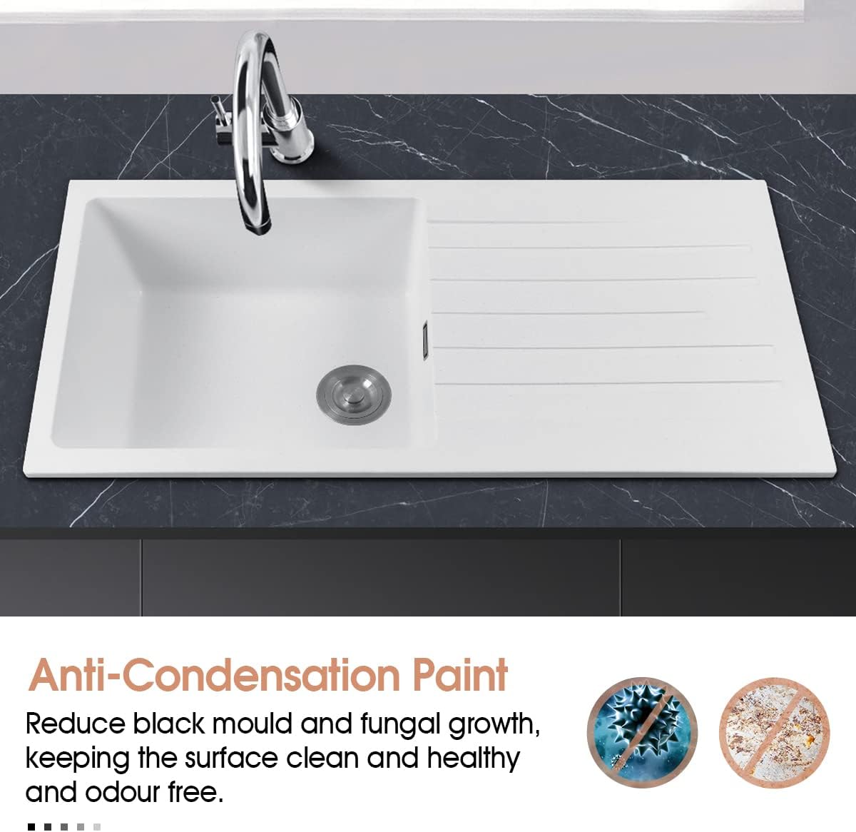 ACA Trading1000 x 500mm White Granite Stone Kitchen Sink Laundry Basin Sink Single Bowl with Drainboard Granite Stone Sink Home Utility Kitchen Sink with Overflow Waste Strainer (White)