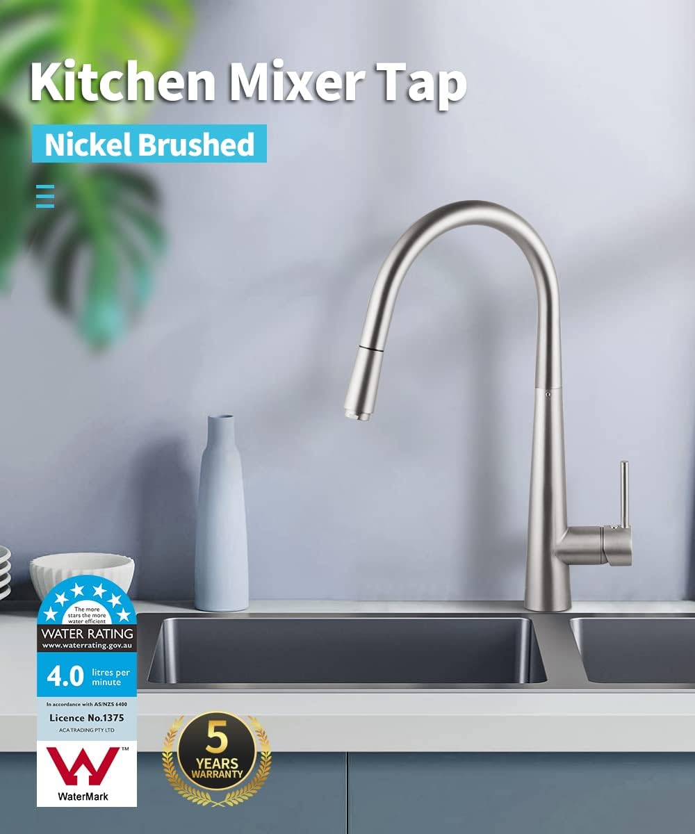 ACA International Kitchen Tap Pull Out Metal Spray Head Kitchen Mixer Tap, 360° Swivel Faucet Taps Kitchen Laundry Sink Tap Solid Brass WELS(Brushed Chrome)