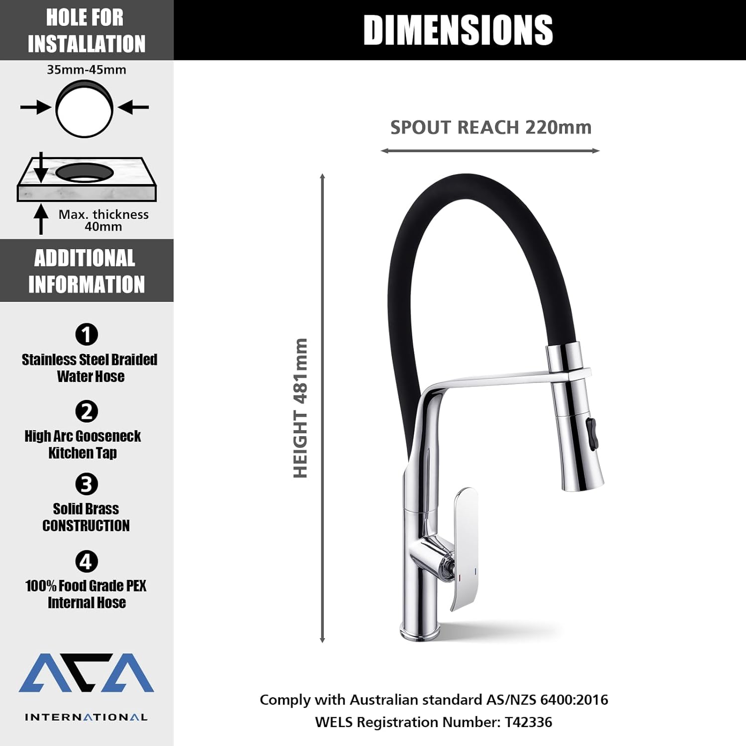 ACA International WELS Kitchen Mixer Tap Pull Dwon Kitchen Tap 2-Mode Spray Head 360° Swivel Kitchen Sink Taps Faucet(Chrome)