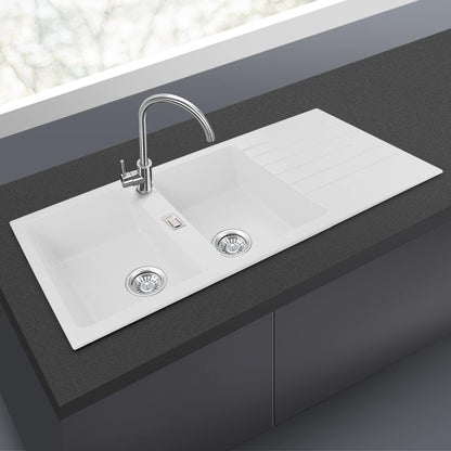 Kitchen Sink Stone Sink 1160x500mm Granite Stone Sink Double Bowel Sink with Drainboard 90mm Strainer Waste Kitchen Laundry Bar Basin Sink(Cream White)