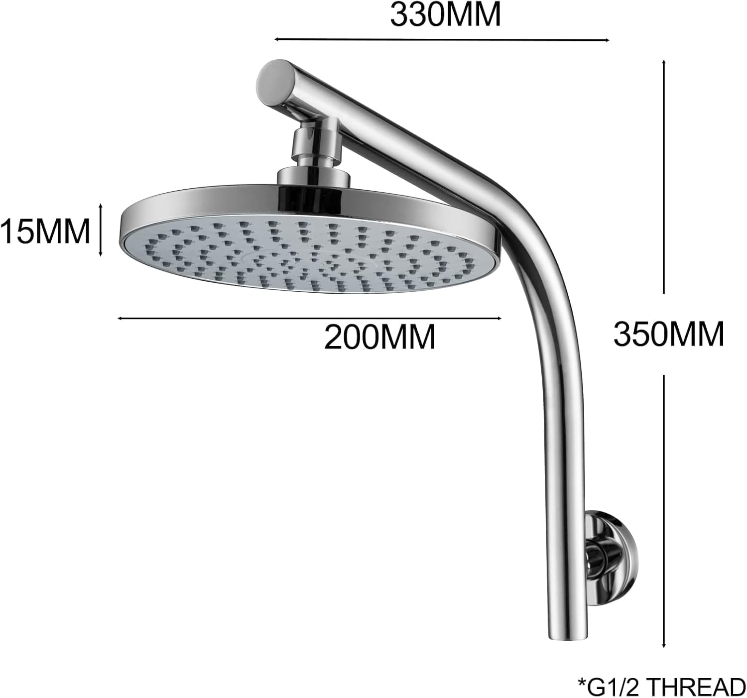 ACA International 8'' High Pressure Round Rain Shower Head Set Wall Mounted Shower Head Gooseneck Shower Arm Set Bathroom 304 Stainless Steel WELS (Polished Chrome)