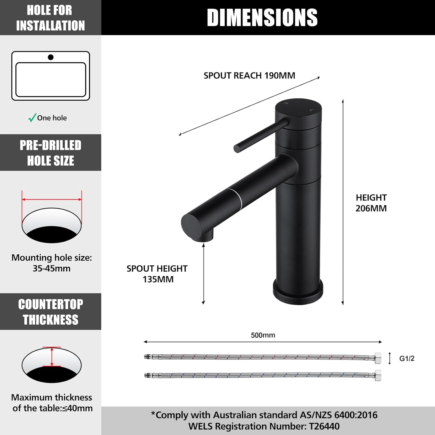 ACA International WELS Bathroom Basin Mixer Tap Round Classic Laundry Vanity Sink Taps (Black)