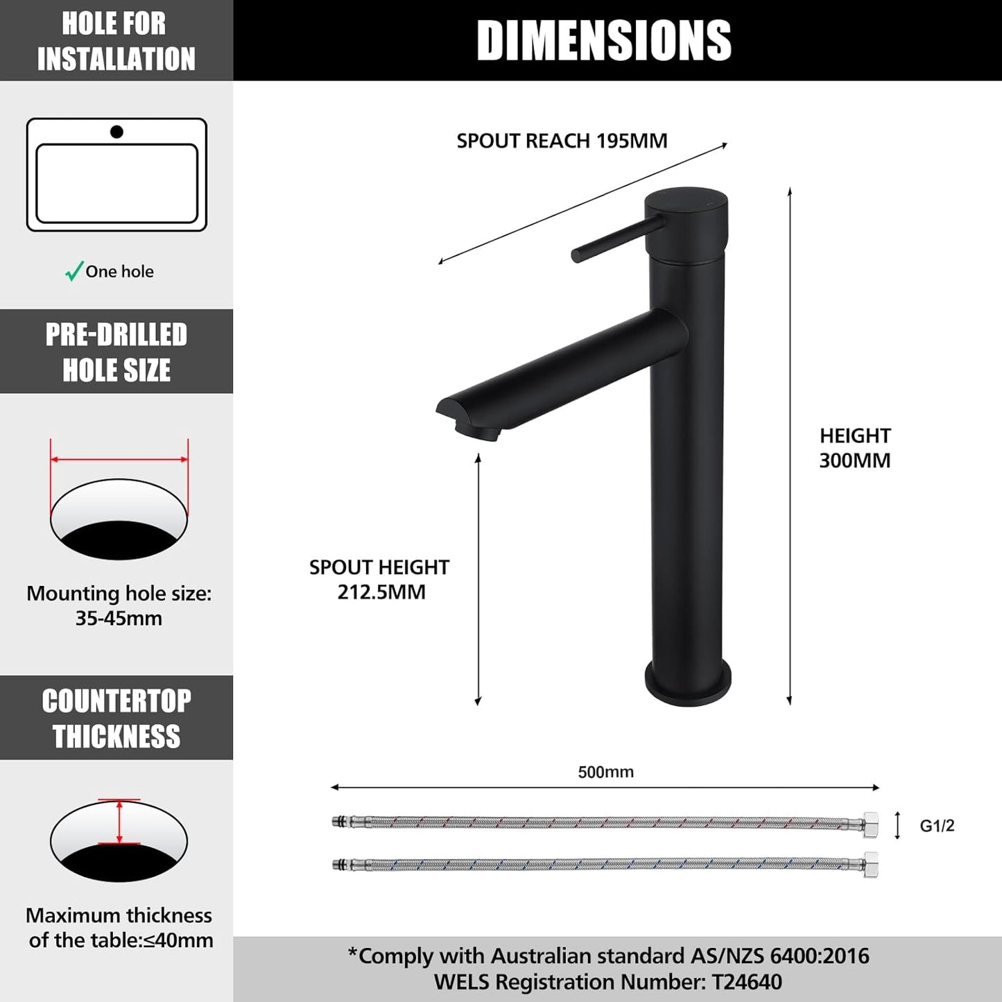 ACA International Tall Bathroom Tap Basin Mixer Tap Round Bathroom Sink Tap Faucet Solid Brass(Matt Black)