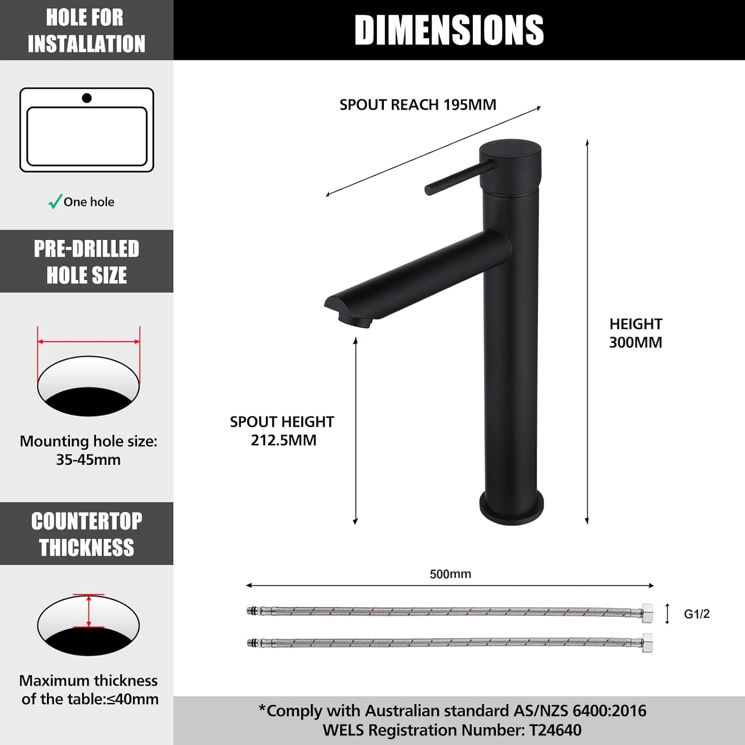 ACA International Tall Bathroom Tap Basin Mixer Tap Round Bathroom Sink Tap Faucet Solid Brass(Matt Black)