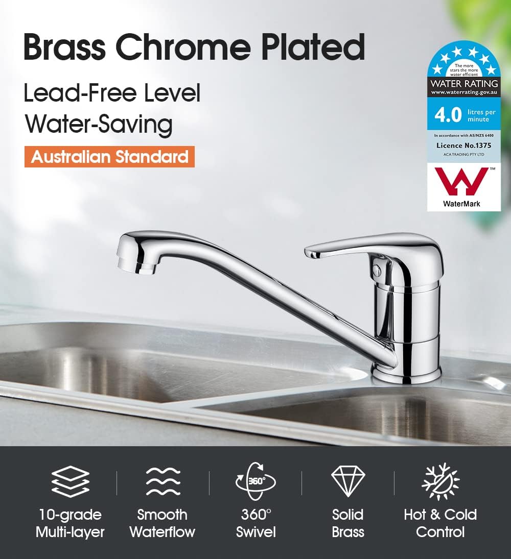 ACA International WELS Kitchen Mixer Tap, 360° Swivel Spout Kitchen Taps Laundry Sink Tap Faucet with Long Spout(Chrome)