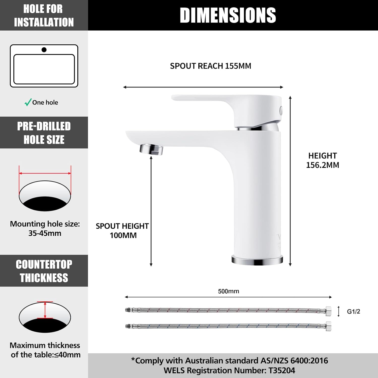 ACA International Brass Basin Mixer Tap Bathroom Countertop Vanity Sink Faucet Taps WELS(White & Chrome)