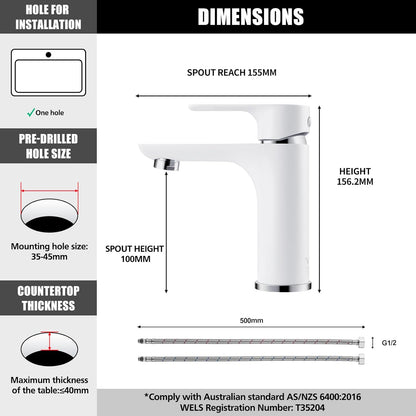 ACA International Brass Basin Mixer Tap Bathroom Countertop Vanity Sink Faucet Taps WELS(White & Chrome)