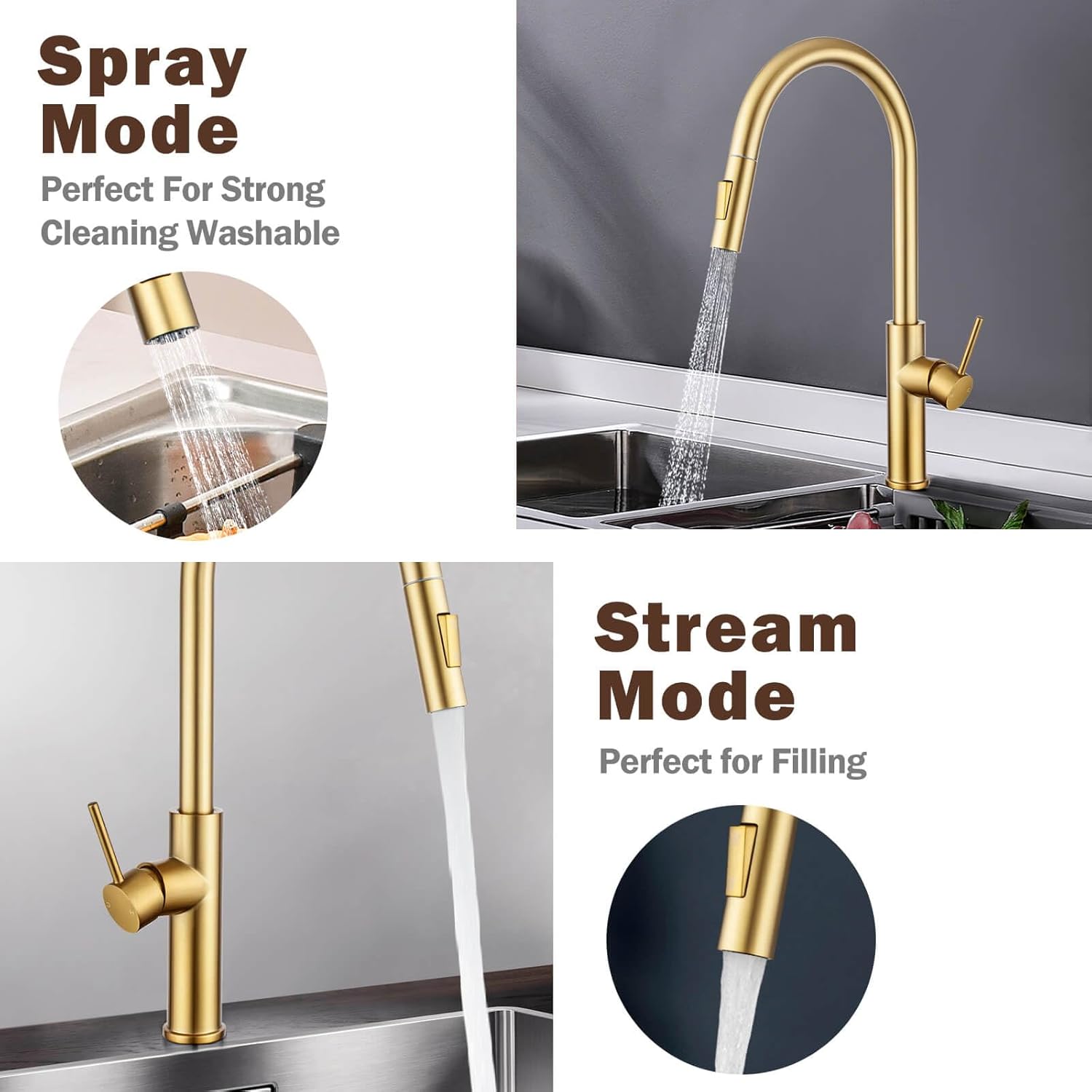 ACA International 2 Mode Pull Out Kitchen Tap Swivel Gooseneck Laundry Sink Taps Faucet WELS Kitchen Mixer Tap(Brushed Yellow Gold)
