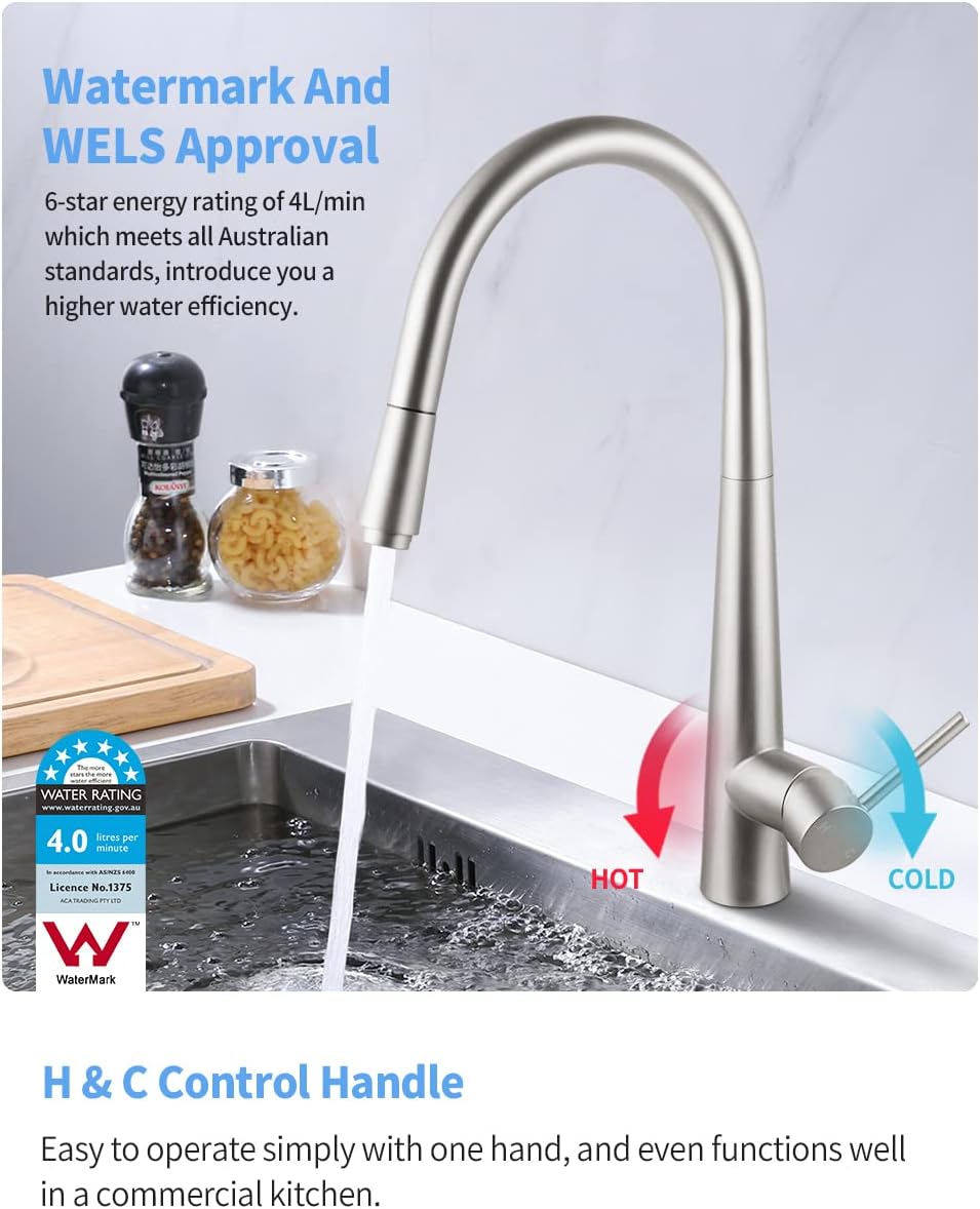 ACA International Kitchen Tap Pull Out Metal Spray Head Kitchen Mixer Tap, 360° Swivel Faucet Taps Kitchen Laundry Sink Tap Solid Brass WELS(Brushed Chrome)