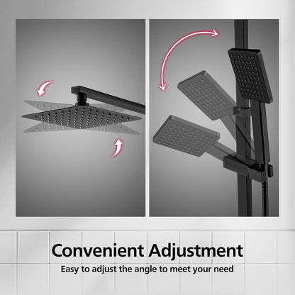 ACA International 200mm Rain High Shower Head Shower Head Set with Shower Tap, 8" Square Ultra-Thin Rain Shower Head Gooseneck Rail 2 in 1 Brass Diverter Bathroom(Matt Black)