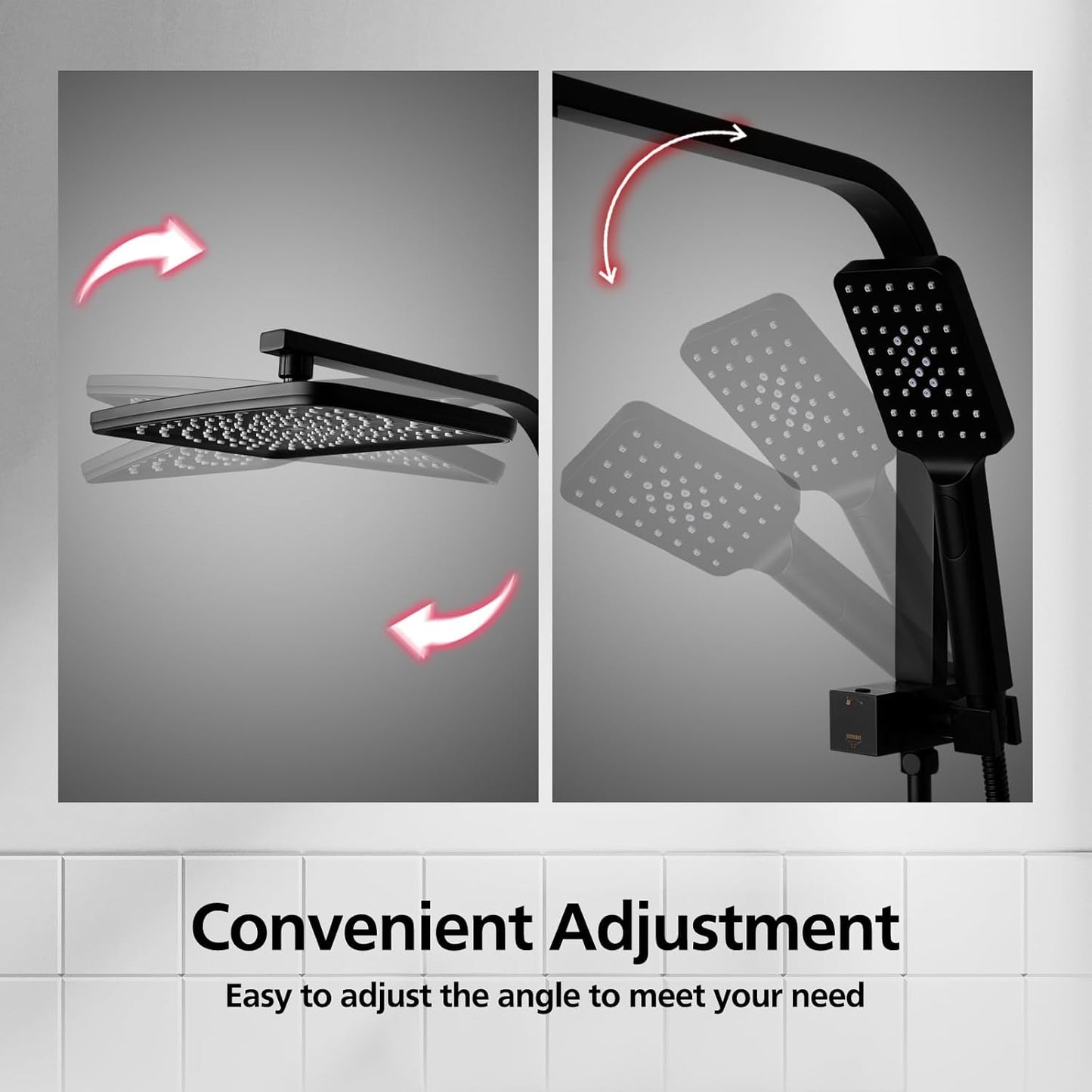 ACA International 12" Rectangle Extra Large High Pressure Shower Head Handheld Gooseneck Arm 2 in 1 Diverter Set, 3-Mode Handheld Shower Hand, Full Body Shower Set for Bathroom (Black)