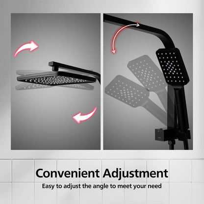 ACA International 12" Rectangle Extra Large High Pressure Shower Head Handheld Gooseneck Arm 2 in 1 Diverter Set, 3-Mode Handheld Shower Hand, Full Body Shower Set for Bathroom (Black)