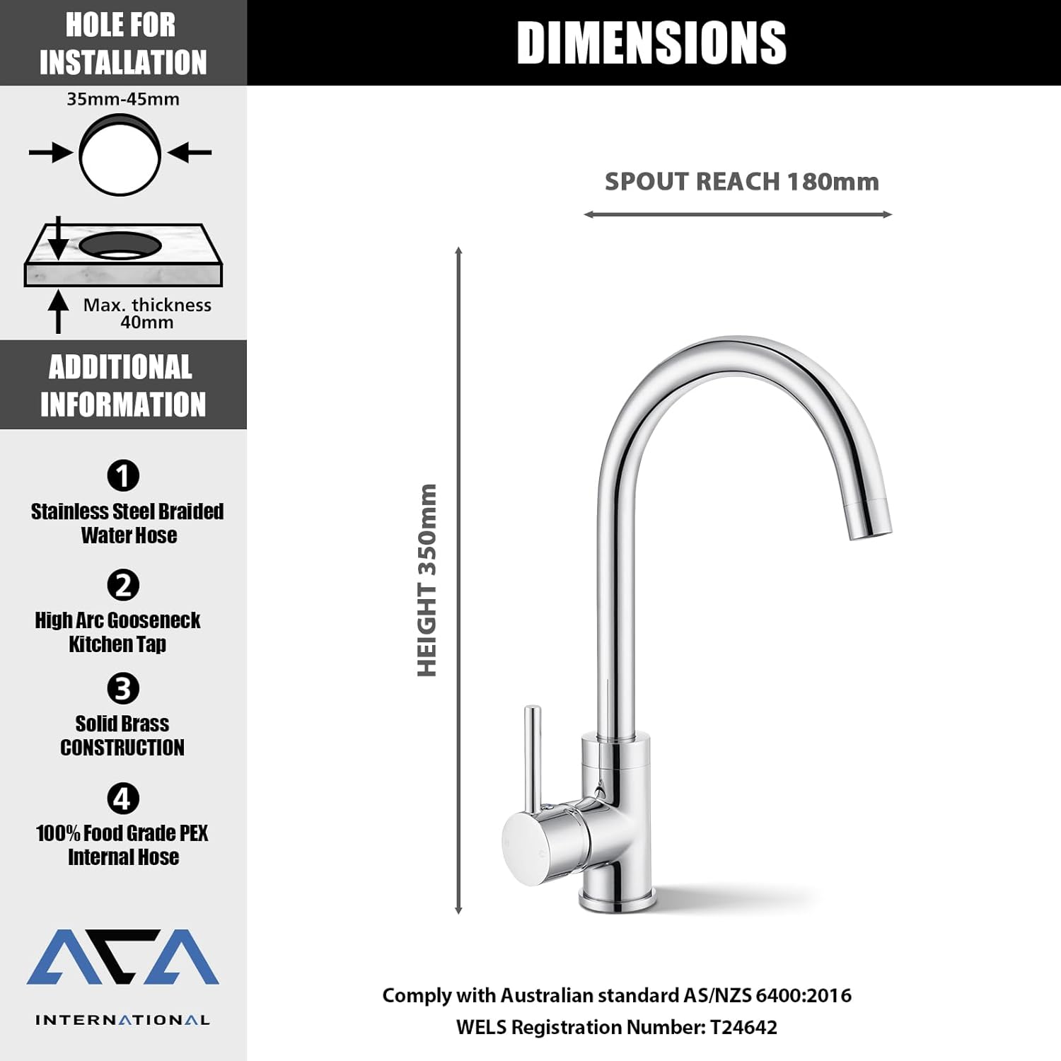 ACA International WELS Kitchen Mixer Tap Swivel Gooseneck Kitchen Taps Kitchen Laundry Sink Tap Faucet Hot and Cold Switch Solid Brass Faucet(Polished Chrome)