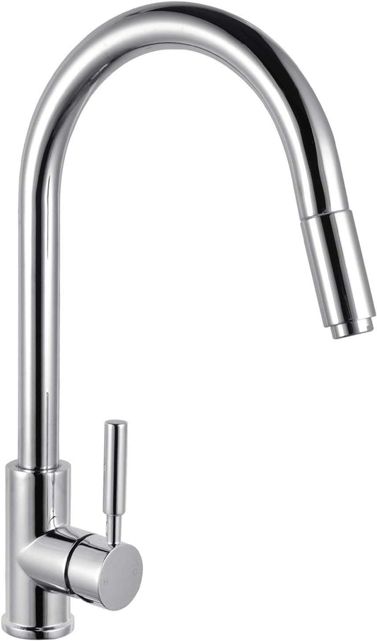 ACA International WELS Pull Out Kitchen Tap with Brass Spray Head, High Arc Gooseneck 360° Swivel Kitchen Mixer Tap Laundry Bar Faucet Taps(Chrome)