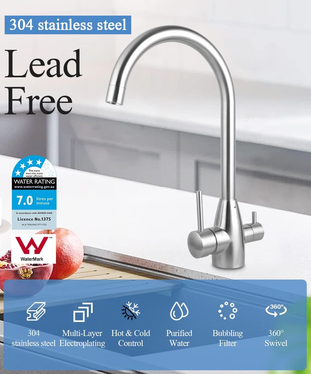 ACA International WELS 3 in 1 Kitchen Tap with Drinking Water Outlet, 360°Swivel Kitchen Sink Mixer Tap Laundry Faucet 3-Way Purified Drinking Water Outlet Kitchen Mixer Tap(Chrome)
