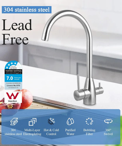 ACA International WELS 3 in 1 Kitchen Tap with Drinking Water Outlet, 360°Swivel Kitchen Sink Mixer Tap Laundry Faucet 3-Way Purified Drinking Water Outlet Kitchen Mixer Tap(Chrome)