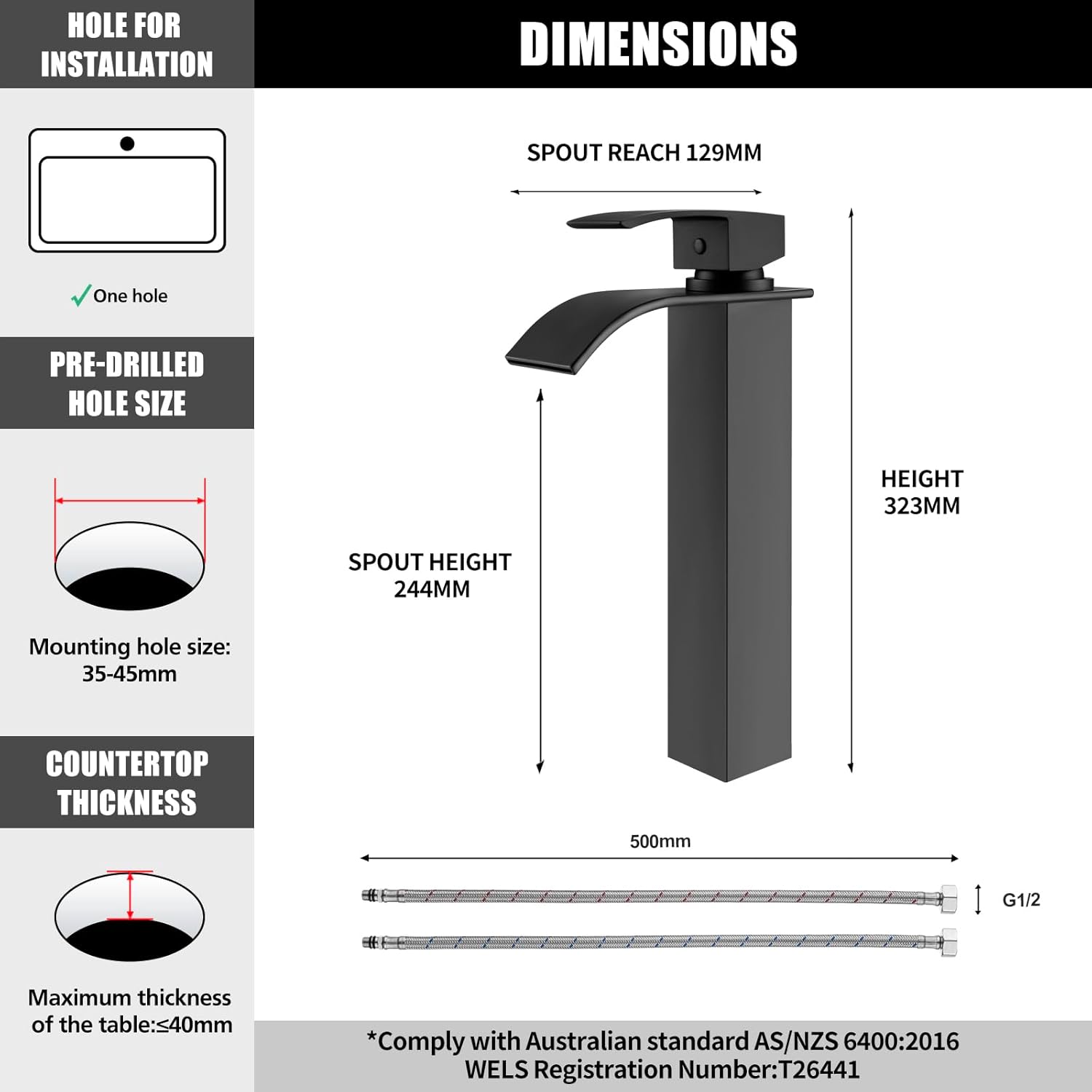 ACA International WELS Bathroom Basin Mixer Tap, Waterfall Tall Laundry Vanity Sink Taps Faucet Solid Brass(Matte Black)