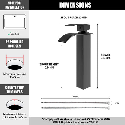 ACA International WELS Bathroom Basin Mixer Tap, Waterfall Tall Laundry Vanity Sink Taps Faucet Solid Brass(Matte Black)