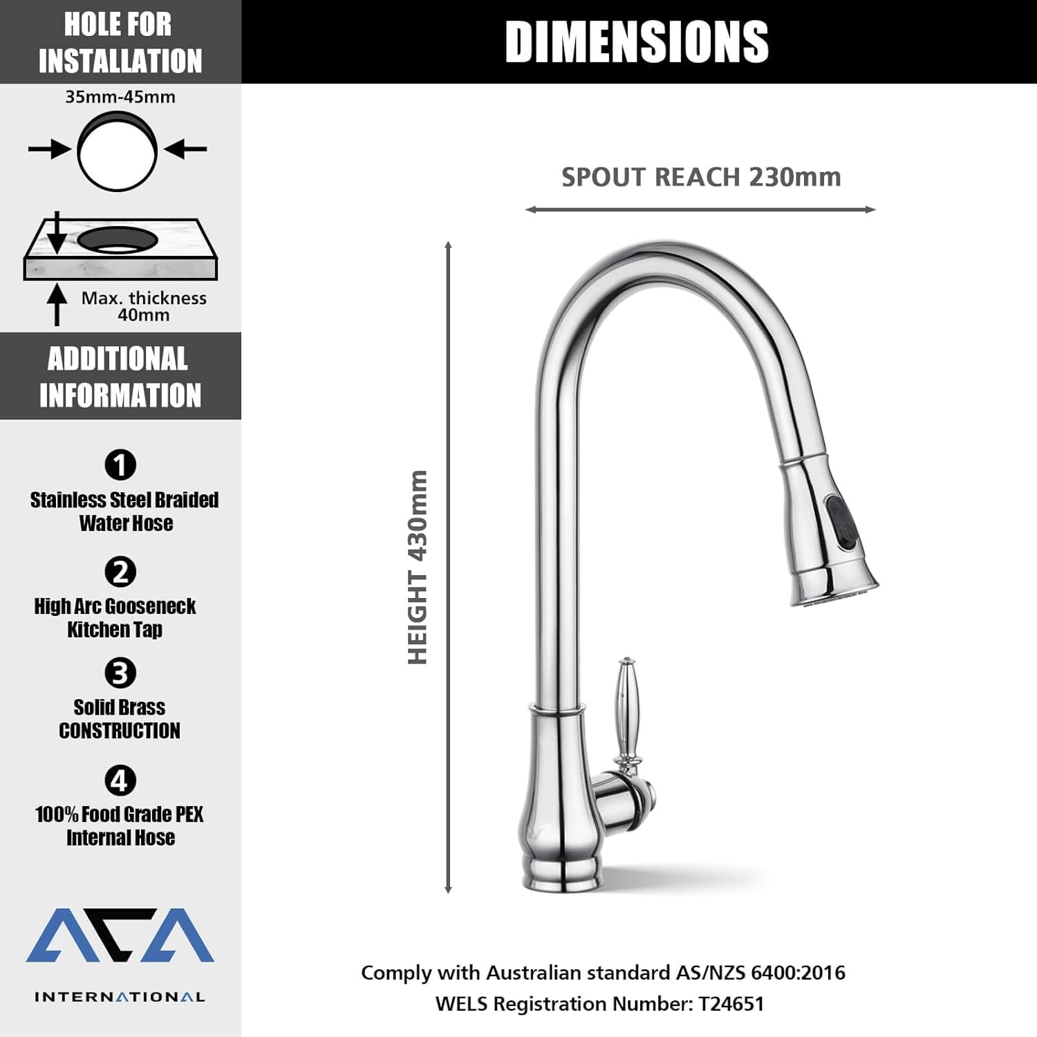 ACA International Rounded Euro Pull-Out Kitchen Mixer Tap with Pull Out Sprayer, 2-Mode Spray Kithcen Sink Tap 360° Swivel High Arc Laundry Sink Taps Faucet Solid Brass(Chrome)