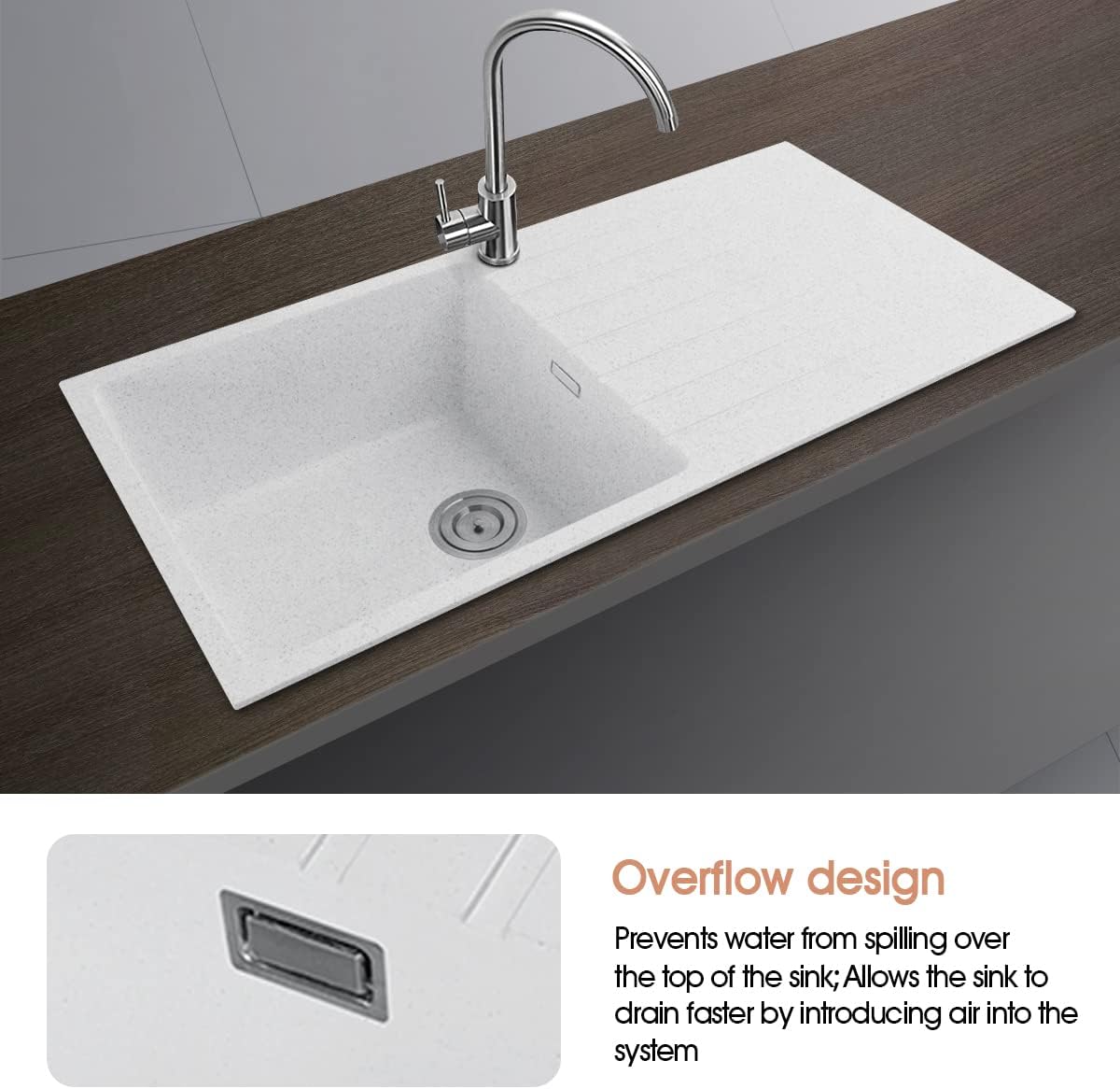 ACA Trading1000 x 500mm White Granite Stone Kitchen Sink Laundry Basin Sink Single Bowl with Drainboard Granite Stone Sink Home Utility Kitchen Sink with Overflow Waste Strainer (White)