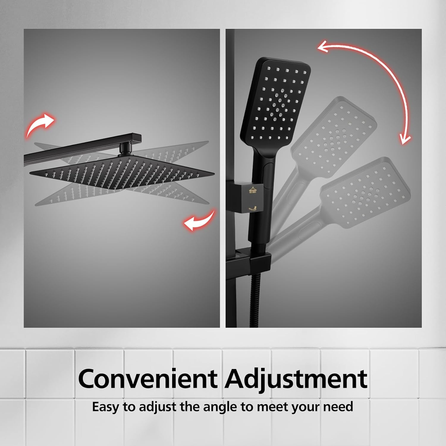 ACA International 12" Ultrathin Rainfall High Pressure Shower Head Square Shower Rail Set 3-Mode Handheld Shower Set Rail Diverter (Black)