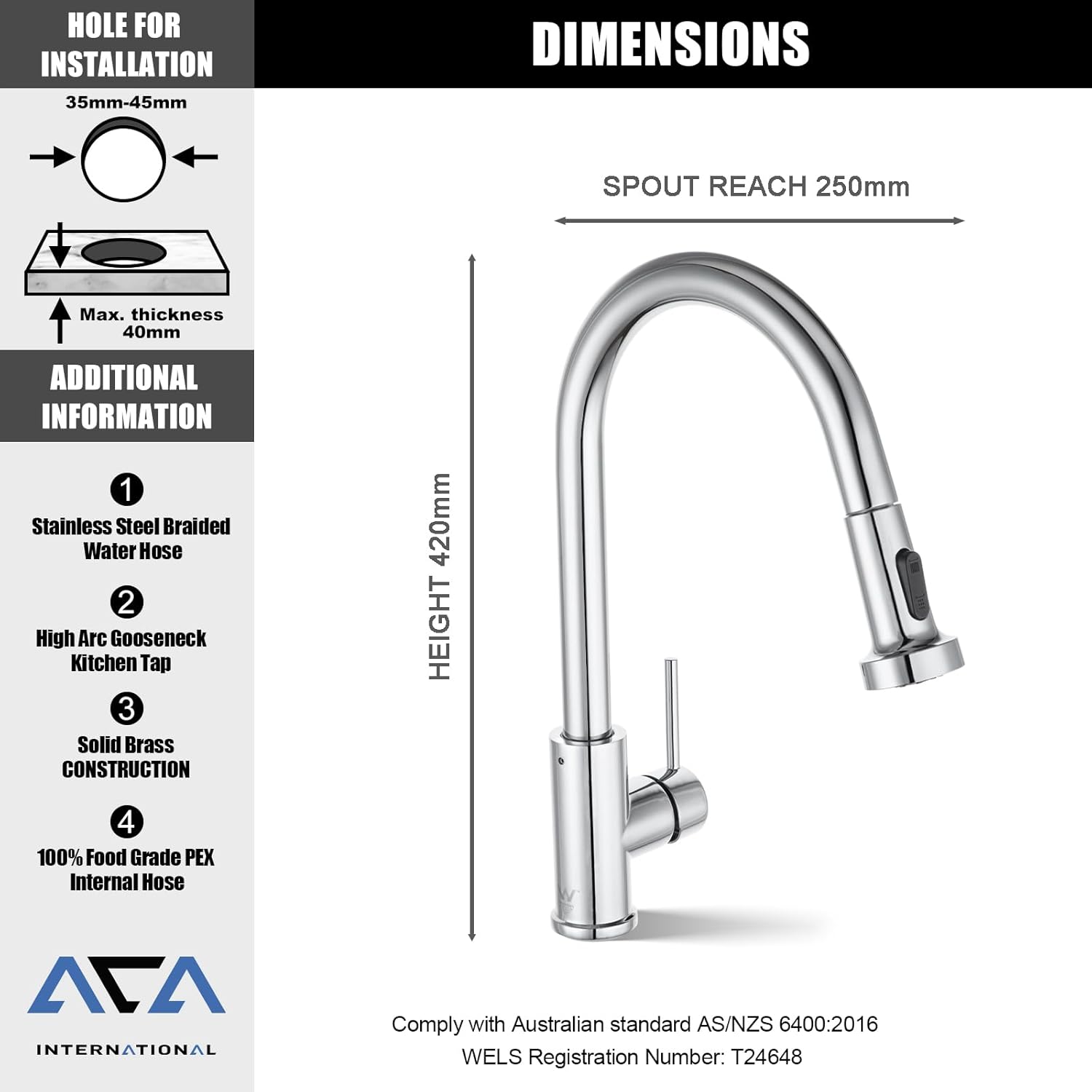 ACA International WELS Kitchen Mixer Tap Pull Out 2-Mode Spray Basin Mixer Tap 360° Swivel H&C Control Laundry Sink Faucet Kitchen Taps (Polished Chrome)