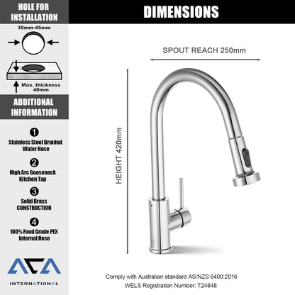 ACA International WELS Kitchen Mixer Tap Pull Out 2-Mode Spray Basin Mixer Tap 360° Swivel H&C Control Laundry Sink Faucet Kitchen Taps (Polished Chrome)