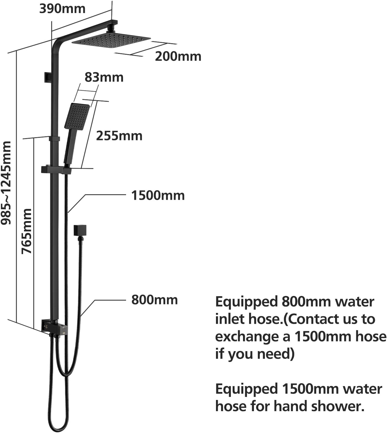 ACA International 200mm Rain High Shower Head Shower Head Set with Shower Tap, 8" Square Ultra-Thin Rain Shower Head Gooseneck Rail 2 in 1 Brass Diverter Bathroom(Matt Black)