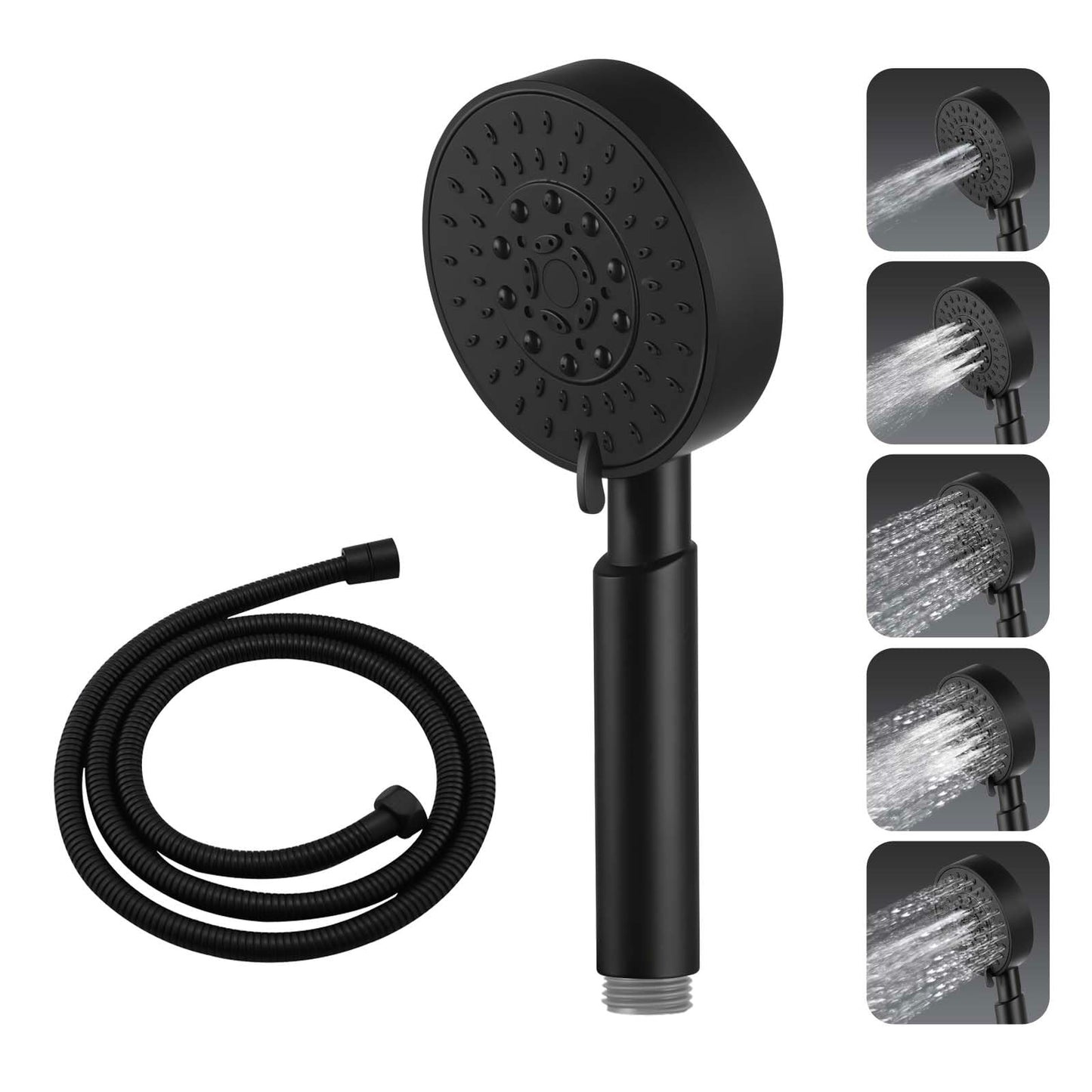 ACA International 5-Mode Spray Handheld Shower Head Round Hand Held Shower Rain Massage Spary Shower for Bathroom WELS Approved (Black)