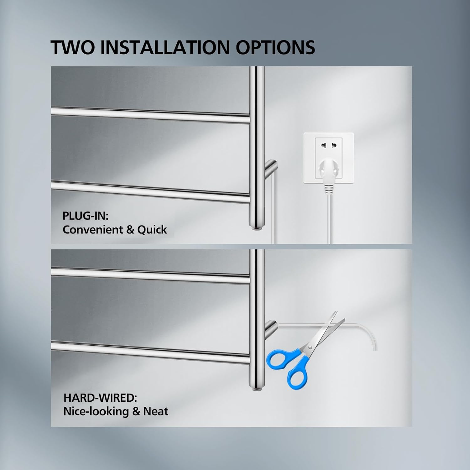 4 Rungs Bathroom Electric Heated Towel Rail Rack 520x500mm Wall Mounted Round Towel Warmer Stainless Steel Towel Heater Dryer Heated Towel Rail Holder Waterproof SAA (Silver)