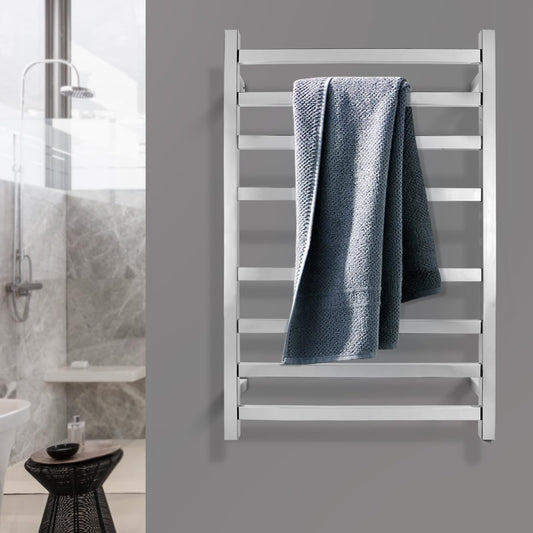 Electric Heated Towel Rack Chrome Polished, Wall Mounted Towel Rail Drying Rack Stainless Steel Square 8 Rungs Bath Heated Towel Rack,Waterproof IP55 & SAA (Silver)