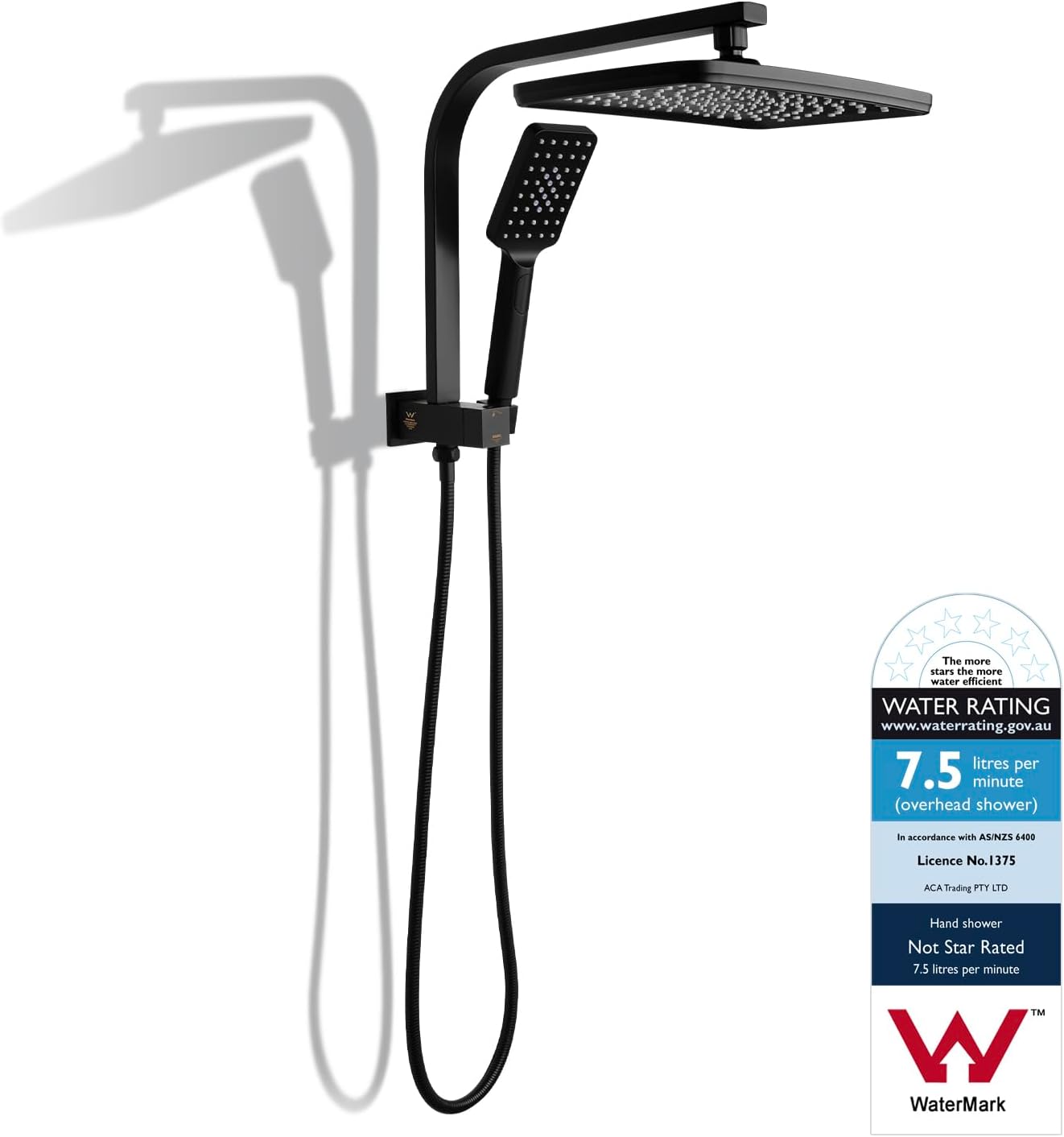 ACA International 12" Rectangle Extra Large High Pressure Shower Head Handheld Gooseneck Arm 2 in 1 Diverter Set, 3-Mode Handheld Shower Hand, Full Body Shower Set for Bathroom (Black)