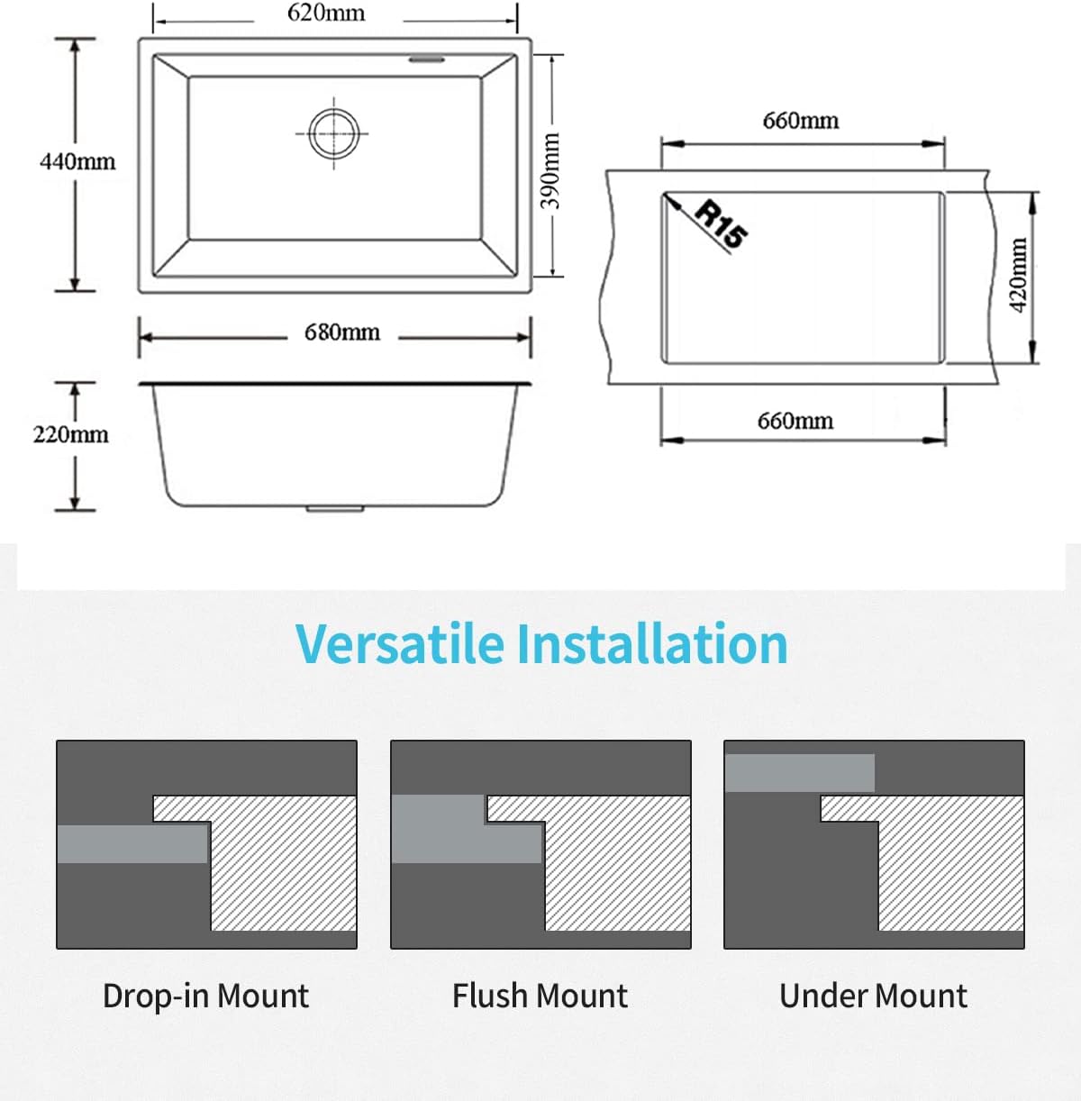 Black Granite Kitchen Sink Home Utility Kitchen Bar Sinks 680x440x220mm Single Bowl Granite Stone Kitchen Laundry Basin Sink Under/Top/Flush Mount with Waste Strainer AU(Black)