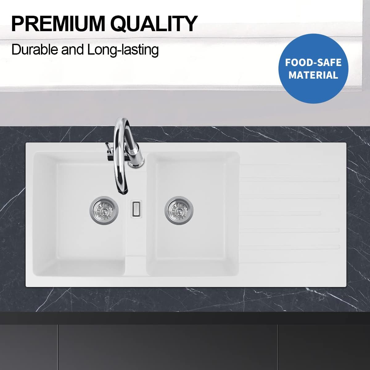 Kitchen Sink Stone Sink 1160x500mm Granite Stone Sink Double Bowel Sink with Drainboard 90mm Strainer Waste Kitchen Laundry Bar Basin Sink(Cream White)