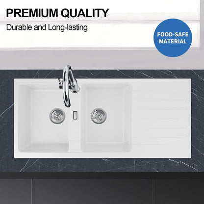 Kitchen Sink Stone Sink 1160x500mm Granite Stone Sink Double Bowel Sink with Drainboard 90mm Strainer Waste Kitchen Laundry Bar Basin Sink(Cream White)