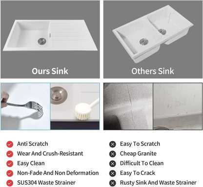 ACA Trading1000 x 500mm White Granite Stone Kitchen Sink Laundry Basin Sink Single Bowl with Drainboard Granite Stone Sink Home Utility Kitchen Sink with Overflow Waste Strainer (White)