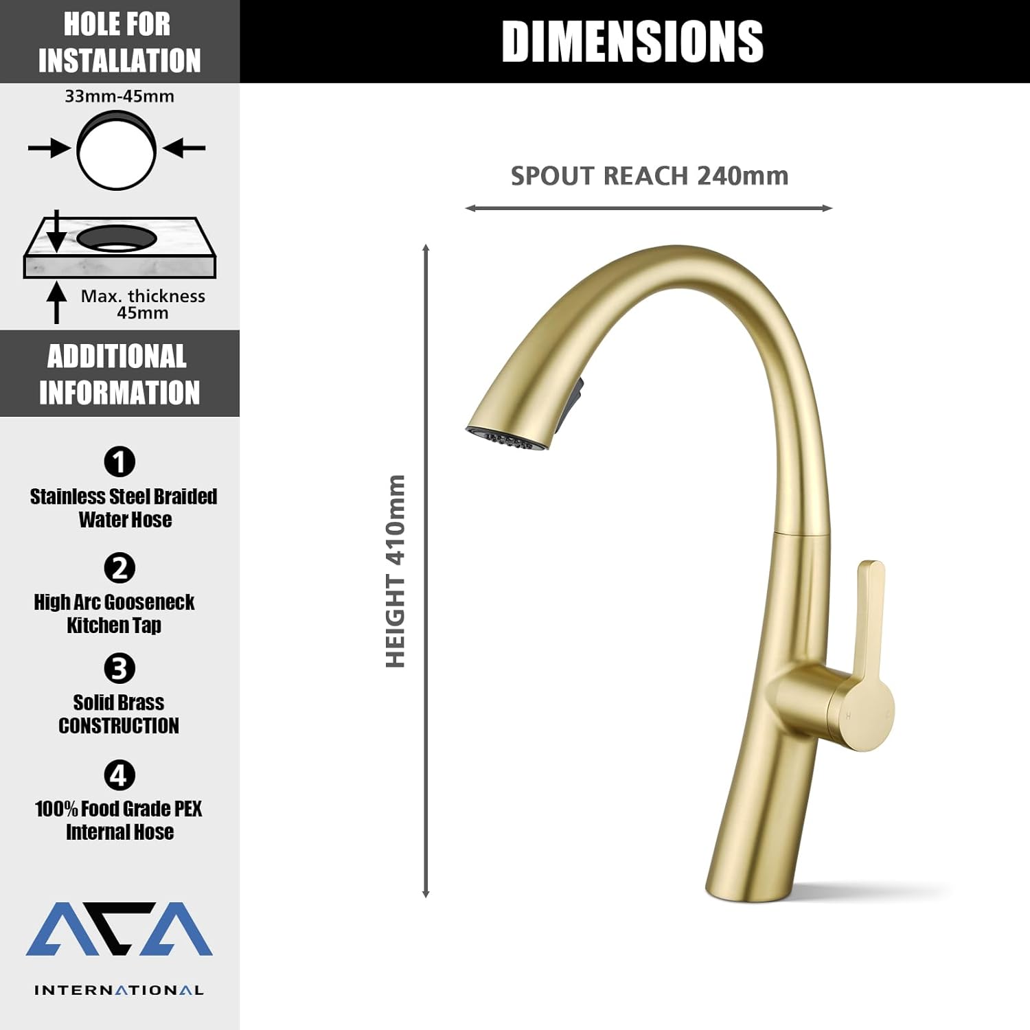ACA International WELS Kitchen Mixer Tap High-Arc Kitchen Tap 2-Mode Spray Pull Out Kitchen Sink Taps Solid Brass (Brushed Gold)