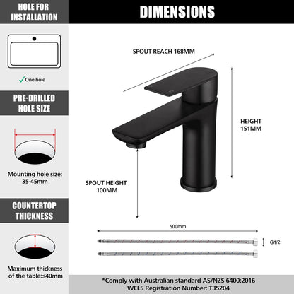 ACA International WELS Bathroom Basin Mixer Tap Laundry Vanity Counter Top Faucet, Single Handle Bathroom Taps with Aerator, Ceramic Disc Cartridge(Matte Black)