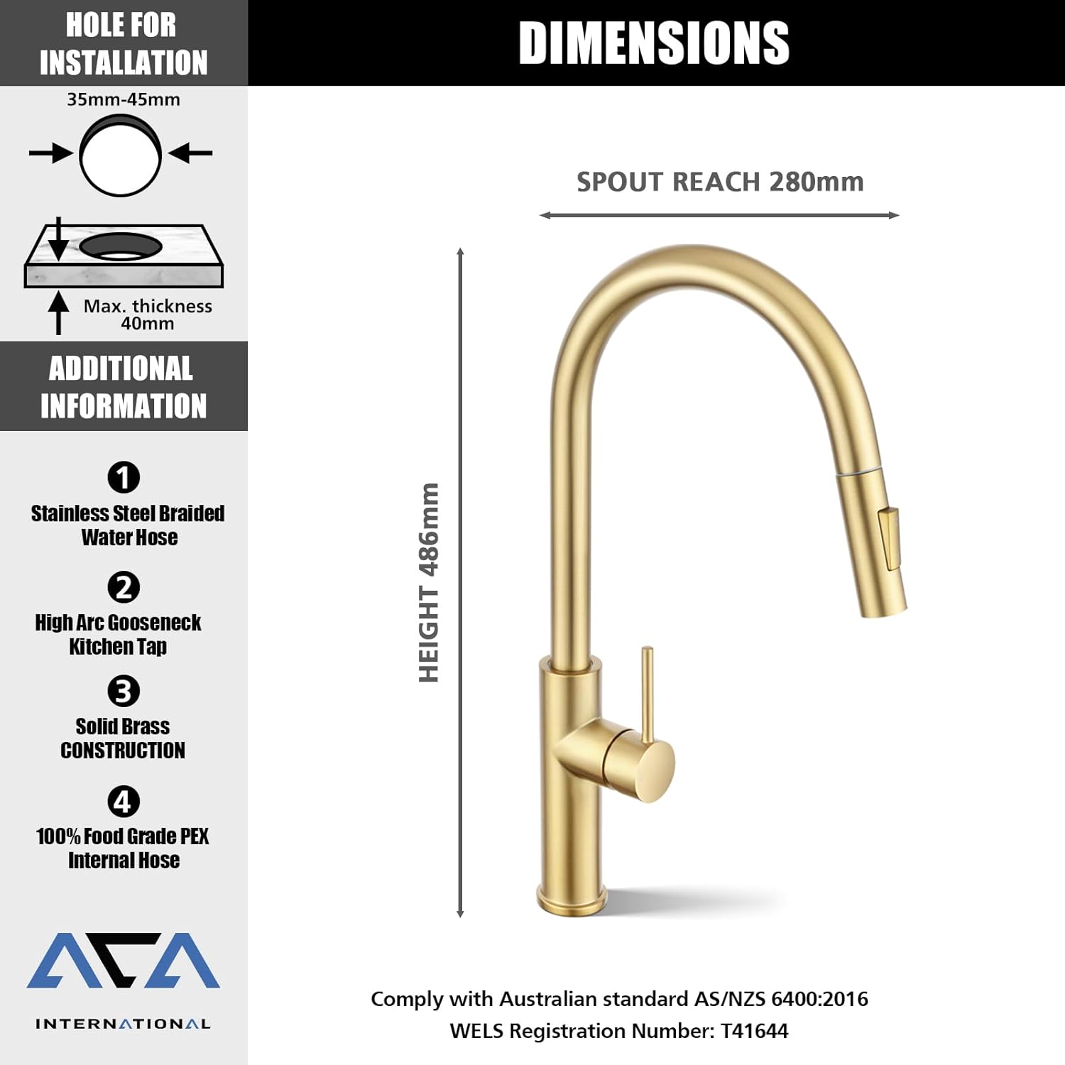 ACA International 2 Mode Pull Out Kitchen Tap Swivel Gooseneck Laundry Sink Taps Faucet WELS Kitchen Mixer Tap(Brushed Yellow Gold)