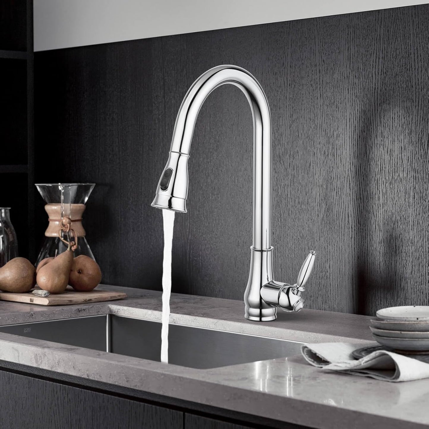 ACA International Rounded Euro Pull-Out Kitchen Mixer Tap with Pull Out Sprayer, 2-Mode Spray Kithcen Sink Tap 360° Swivel High Arc Laundry Sink Taps Faucet Solid Brass(Chrome)