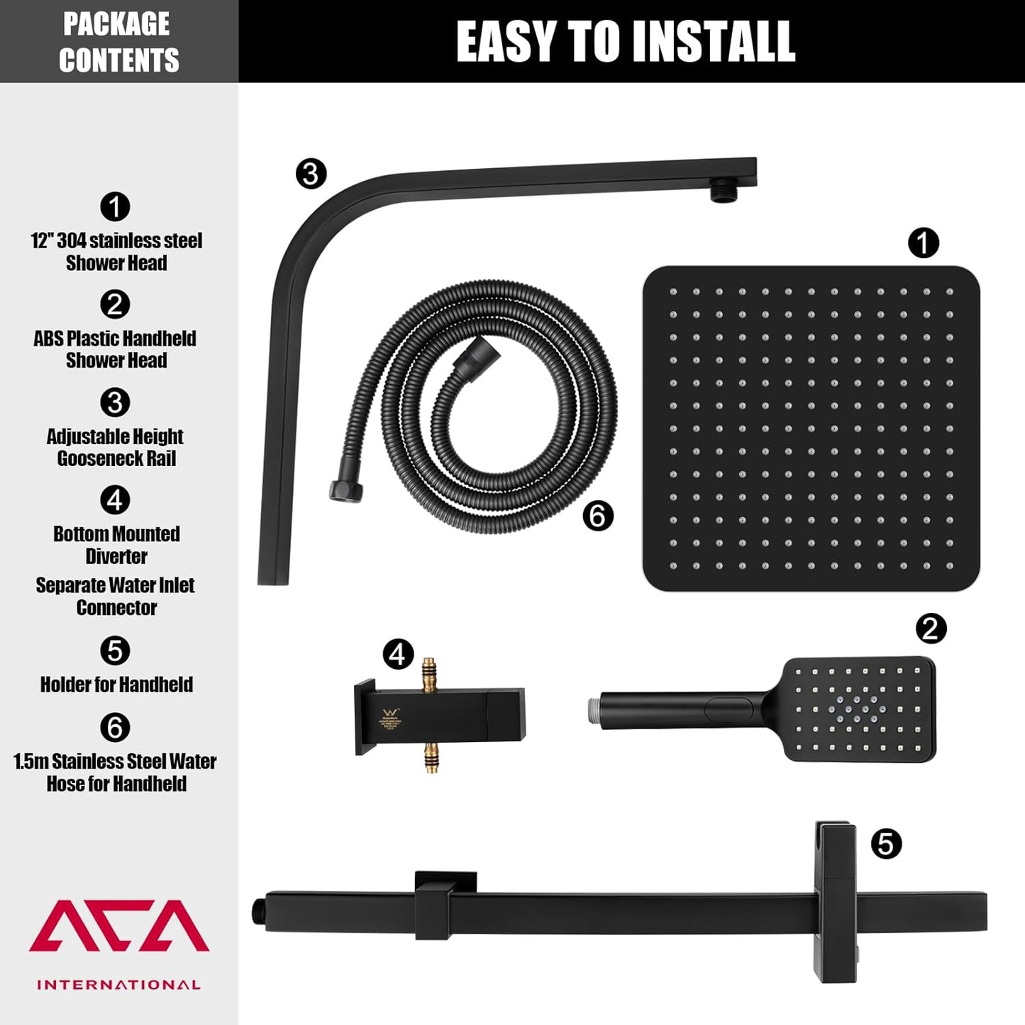 ACA International 12" Ultrathin Rainfall High Pressure Shower Head Square Shower Rail Set 3-Mode Handheld Shower Set Rail Diverter (Black)